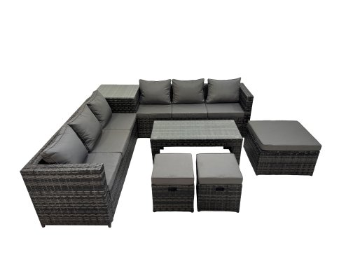 Fimous Garden Rattan Outdoor Furniture Set 9 Seater Patio Corner Sofa Oblong Coffee Table with 3 Stool Side Table Dark Grey