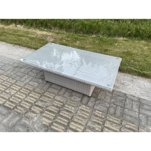 Fimous Lounge Rattan Garden Furniture Set Adjustable Rising Lifting Table Dining Set With Side Coffee Tea Table Footstool