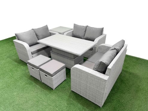 Fimous 8 Seater PE Wicker Rattan Furniture Sofa Sets with Adjustable Lifting Dining or Coffee Table 2 Seater Love Sofa 2 Stool Side Table Light Grey