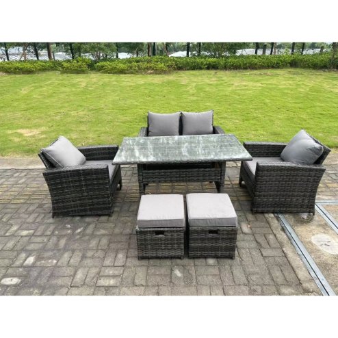 Fimous 6 Seater Outdoor Dark Grey Mixed High Back Rattan Sofa Double Sofa Dining Table Set Garden Furniture Stools