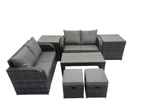 Fimous 3 Seater Sofa Reclining Chair Coffee Table Set Rattan Garden Outdoor Furniture Set with 2 Side Tables 2 Small Stools Dark Grey Mixed