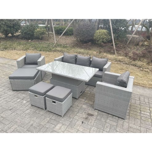 Fimous Rattan Garden Funiture Set Adjustable Rising Lifting Table Lounge Sofa Dining Set 2 Chairs Big And Small Footstool