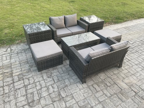 Fimous High Back Rattan Garden Furniture Sofa Sets with Rectangular Coffee Table 2 Side Tables 2 Big Footstool Dark Grey Mixed
