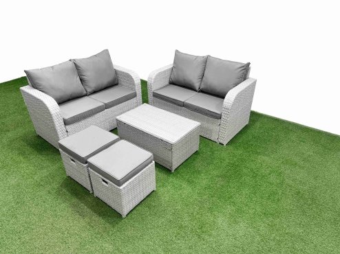 Fimous 6 Seater Outdoor Love Sofa Set Rattan Garden Furniture Set with Rectangular Coffee Table 2 Small Stools Light Grey