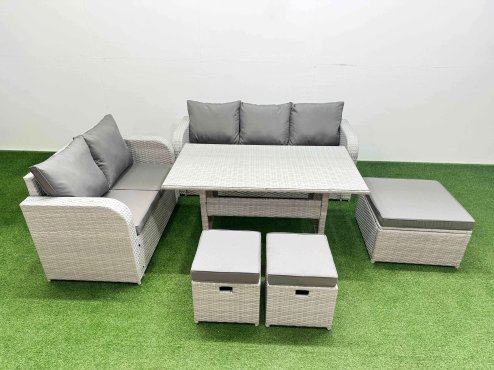 Fimous 8 Seater PE Rattan Wicker Garden Furniture Patio Conservatory Sofa Set with Rectangular Dining Table 3 Seater Sofa Love Sofa 3 Stool