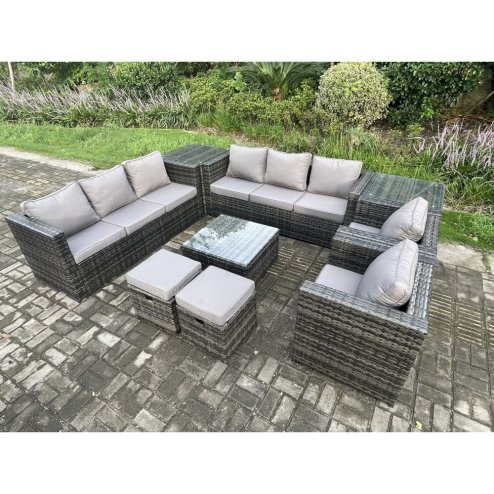 Fimous Outdoor Rattan Garden Furniture Set 10 Seater Patio Lounge Sofa Set with 2 Armchairs Square Coffee Table 2 Side Tables 2 Small Footstool Dark Grey Mixed