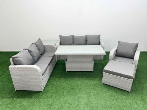 Fimous 8 Seater Poly Rattan Outdoor Garden Furniture Adjustable Lifting Dining or Coffee Table Sofa Set Patio 3 Seater Sofa Reclining Chair 3 Seater Sofa Big Footstool Side Table Light Grey