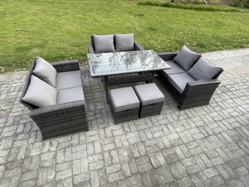 Fimous Wicker PE Rattan Garden Furniture Sets Outdoor Lounge Sofa Set with Oblong Dining Table Double Seat Sofa 2 Small Footstools Dark Grey Mixed