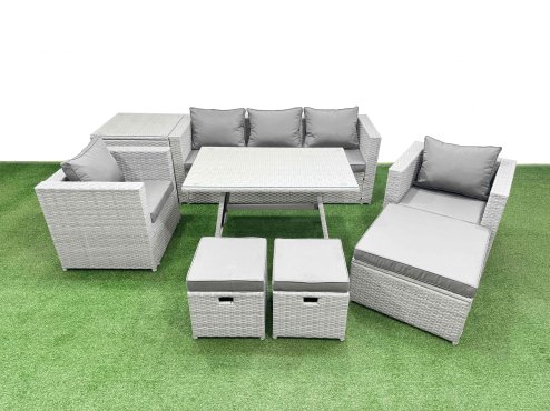 Fimous 9 Pieces Outdoor PE Rattan Sofa Armchair Set Patio Garden Furniture Sets with Cushions Side Table 3 Stools Light Grey