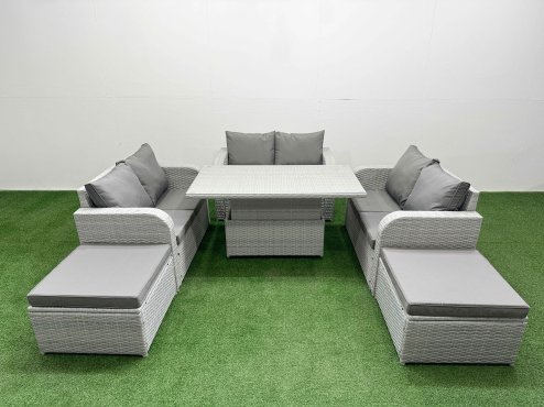 Fimous 8 Seater PE Wicker Rattan Furniture Sofa Sets with Adjustable Lifting Dining or Coffee Table 2 Seater Love Sofa 2 Big Footstool Light Grey