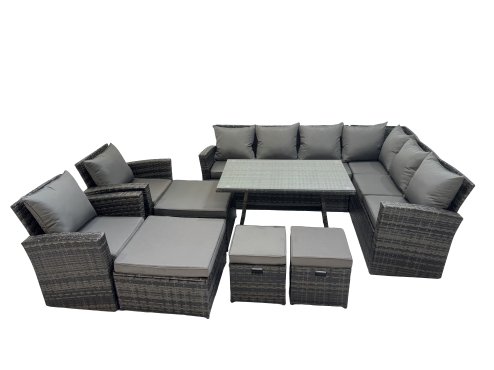 Fimous 12 Seater Garden Outdoor Rattan Furniture Set Rattan Corner Sofa Oblong Dining Table with 2 Armchairs 4 Footstools Dark Grey