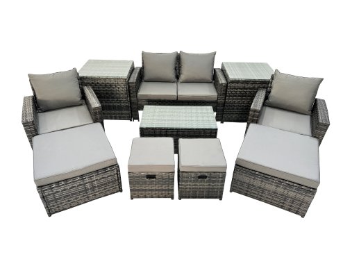 Fimous 8 Seater Wicker PE Rattan Furniture Outdoor Coffee Table Double Seat Sofa 4 Stools 2 Side Tables Set Dark Grey Mixed