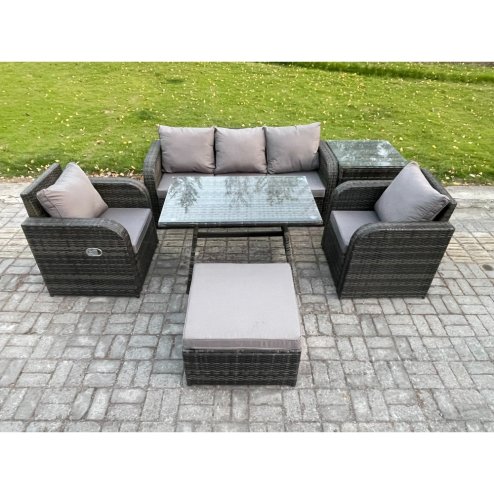 Fimous Rattan Wicker Garden Furniture Patio Conservatory Sofa Set with Rectangular Dining Table Reclining Chair 3 Seater Sofa Big Footstool Side Table