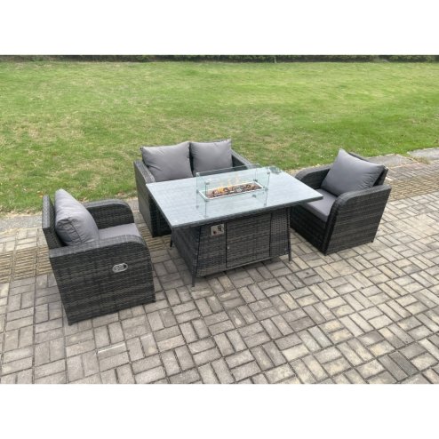 Fimous Rattan Outdoor Garden Furniture Sofa Set Gas Fire Pit Dining Table Gas Heater with Love Sofa 2 Recling Chair Dark Grey Mixed