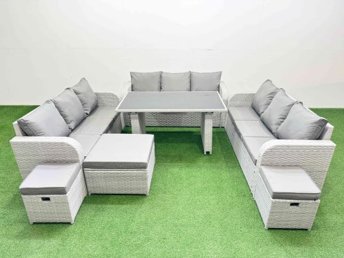 Fimous Patio Garden Furniture Sets with Black Glass Top Dining Table 3 Seater Sofa 3 Stool Light Grey
