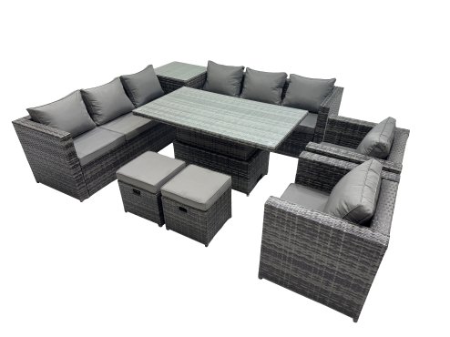Fimous 10 Seater Outdoor Corner Sofa Height Adjustable Rising Lifting Table Set Garden Rattan Furniture Set with Side Table 2 Small Stools Dark Grey