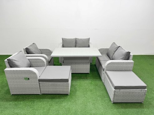 Fimous 8 Seater Outdoor Reclining Chair Love Sofa Set Rattan Garden Furniture Set with Adjustable Lifting Dining or Coffee Table 2 Big FootStools Light Grey