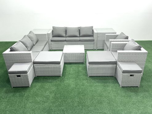 Fimous Garden Outdoor Furniture Set 12 Seater Rattan Sofa Set with 4 Footstools 2 Side Tables Light Grey Mixed