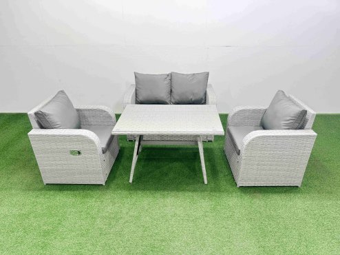 Fimous Light Grey PE Wicker Rattan Garden Furniture Set Sofa Set Reclining Chair Love Sofa Rectangular Dining Table
