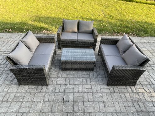 Fimous Dark Grey 6 Seater Outdoor Rattan Garden Furniture Set Patio Love Sofa Rectangular Coffee Table Set