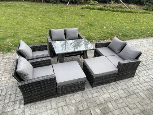 Fimous 8 Seater Garden Dining Set Wicker PE Rattan Outdoor Furniture Sofa with Rectangular Dining Table Double Seat Sofa 2 Big Footstool Armchair Dark Grey Mixed