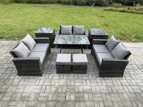 Fimous Outdoor Lounge Sofa Set Wicker PE Rattan Garden Furniture Set with Rectangular Dining Table 2 Seat Sofa 2 Small Footstools 2 Side Tables Dark Grey Mixed