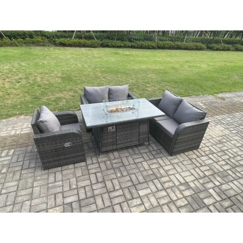 Fimous Patio Rattan Garden Furniture Set with Gas Fire Pit Dining Table Indoor Outdoor 4 piece Love Sofa set