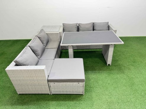 Fimous Rattan Garden Furniture Dining Set 7-seater Patio Rectangular Table Sofa Set with Side Table Big Stool Light Grey