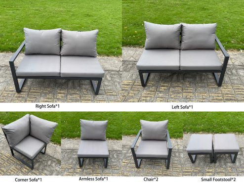 Fimous 7 Pieces Aluminium Garden Furniture Sets with Adjustable Rising Lifting Dining Table Chair 8 Seater Corner Sofa Set Dark Grey