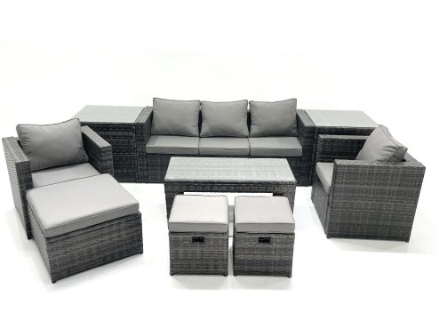 Fimous 8 Seater Rattan Garden Furniture Set Outdoor Lounger Sofa with Coffee Table 2 Armchair 3 Footstools 2 Side Tables Dark Grey Mixed