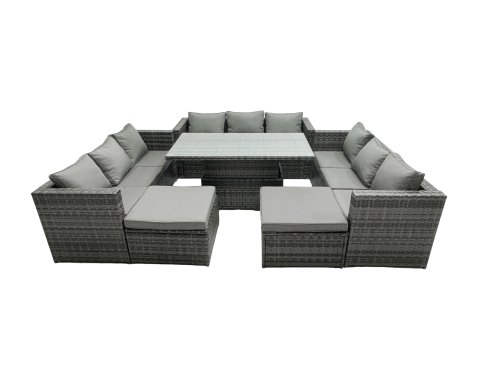 Fimous Rattan Dining Table Sofa Set with 2 Big Stool Outdoor 11 Seat Garden Furniture Set Dark Grey Mixed