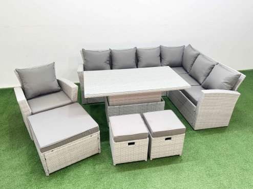 Fimous 10 Seat Rattan Garden Furniture Corner Sofa Set Outdoor Adjustable Lifting Dining or Coffee Table Set with 3 Footstools Light Grey