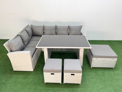 Fimous 9 Seater Wicker Rattan Corner Sofa Sets Outdoor Garden Furniture Sets with Rectangular Dining Table Lounge Sofa 3 Footstools Light Grey