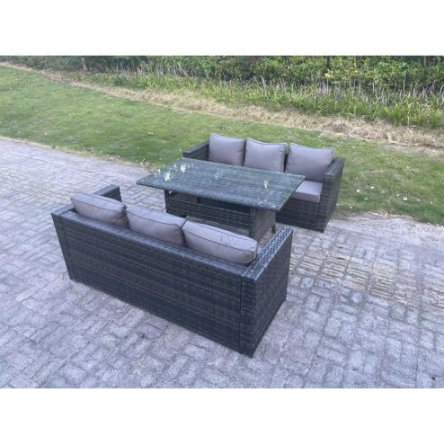 Fimous PE Wicker Outdoor Garden Furniture Set Patio Rattan Rectangular Dining Table Lounge Sofa 6 Seater Dark Grey Mixed