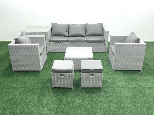 Fimous 7 Seater Rattan Garden Furniture Set with 3 Seater Sofa 2 Chair Square Coffee Table 2 Small Footstools Side Table Light Grey Mixed