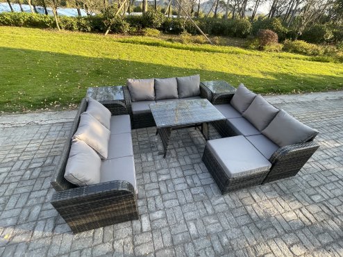 Fimous 10 Seater Wicker Rattan Garden Furniture Set with Rectangular Dining Table 2 Side Tables Big Footstool Patio Outdoor Lounge Sofa Set