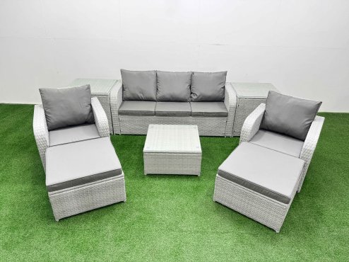 Fimous PE Rattan Garden Furniture Set Reclining Chair Sofa Lounge Sofa Set Square Coffee Table 2 Side Table 2 Big Footstool Light Grey