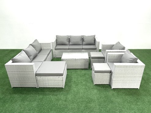 Fimous Outdoor Rattan Sofa Garden Furniture Set with 2 Armchairs Oblong Coffee Table 3 Footstools Light Grey Mixed