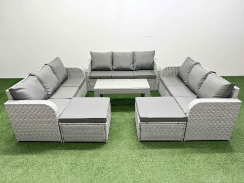 Fimous PE Rattan Lounge Sofa Set 11 Seater Outdoor Garden Furniture Set with Oblong Coffee Table 3 Seater Sofa 2 Big Footstools Light Grey