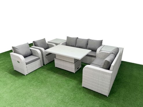 Fimous PE Rattan Garden Furniture Set Reclining Chair Sofa Double Love Seat 2 Seater Sofa Lounge Set Adjustable Lifting Dining or Coffee Table 2 Side Table Light Grey