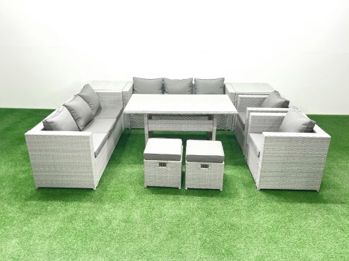 Fimous Rattan Garden Furniture Set Outdoor 8 Seater Patio Dinin g Sofa Sets with Dining Table 2 Chairs 2 Side Tables 2 Small Footstools Light Grey Mixed