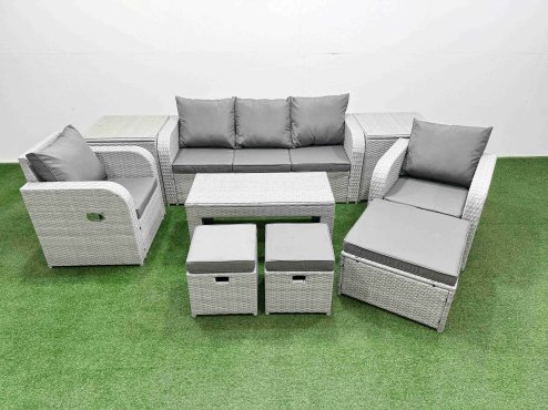 Fimous PE Rattan Garden Furniture Set Reclining Chair Sofa Lounge Sofa Set Rectangular Coffee Table 2 Side Table 3 Stools Light Grey