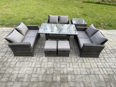 Fimous Wicker PE Rattan Garden Furniture Sets Outdoor Lounge Sofa Set with Oblong Dining Table Double Seat Sofa Side Table 2 Small Footstools Dark Grey Mixed