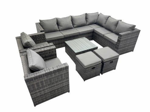Fimous Outdoor PE Rattan Garden Furniture Sofa Set with Square Coffee Table 2 Small Stools 2 Chair Dark Grey