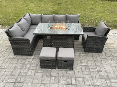 Fimous Rattan Garden Furniture High Back Corner Sofa Gas Fire Pit Dining Table Sets Gas Heater with Armchair 2 Small Footstools 9 Seater Dark Grey Mixed
