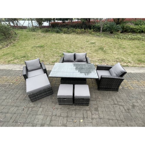 Fimous Rattan Outdoor Furniture Adjustable Rising Lifting Rectangle Dining Table Chairs Two Seater Love Sofa Sets 3 Footstools 7 Seater