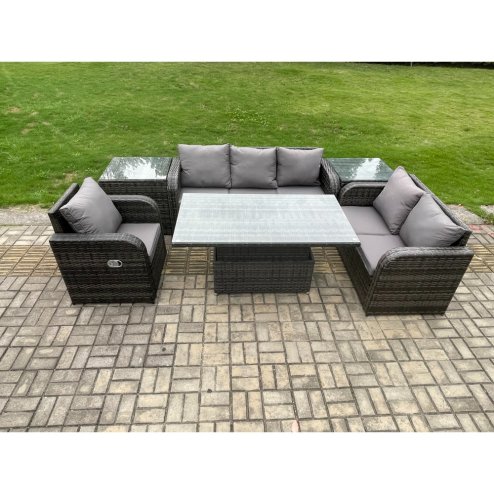 Fimous Outdoor Rattan Furniture Garden Dining Set Patio Height Adjustable Rising lifting Table Reclining Chair Sofa With 2 Side Tables Dark Grey Mixed