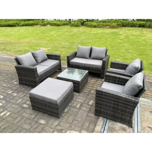 Fimous 7 Seater Dark Grey Mixed High Back Rattan Sofa Set Square Coffee Table Garden Furniture 2 Seater Sofa Chairs Outdoor Patio