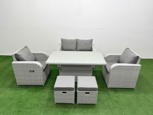 Fimous Light Grey PE Wicker Rattan Garden Furniture Set Sofa Set Reclining Chair Adjustable Lifting Dining or Coffee Table 6 Seater 2 Small Stools