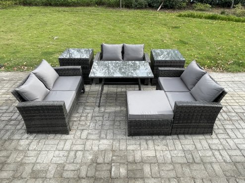 Fimous 7 PCS Outdoor Lounge Sofa Set Wicker PE Rattan Garden Furniture Set with Rectangular Dining Table Love Seat Sofa 2 Side Tables Big Footstool Dark Grey Mixed